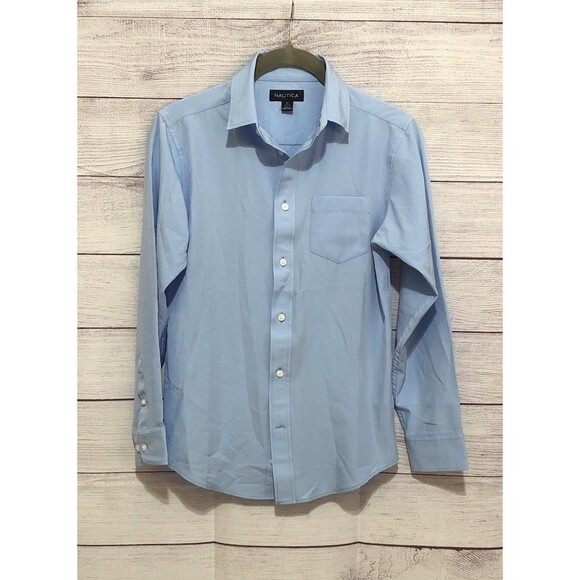 NAUTICA Boys Performance Poly/Spandex Blue L/S Dress Shirt M 10-12 EUC - Picture 1 of 6